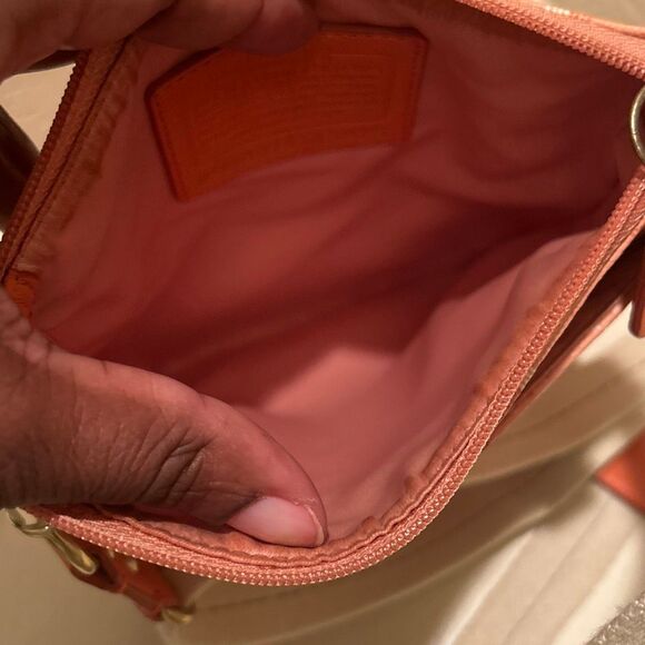 Coach Mini Messenger Crossbody Bag Purse Coral Cream Signature Logo Print - Picture 5 of 13